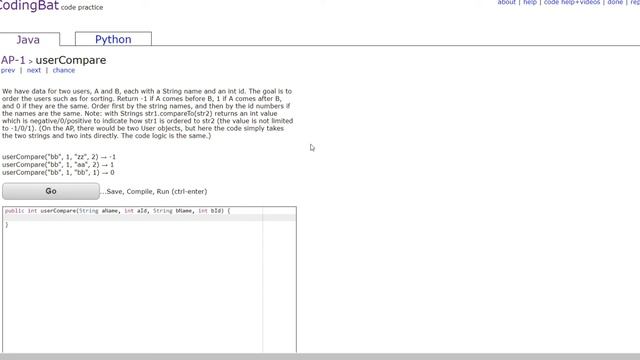 AP-1 (userCompare) JAVA Tutorial || codingbat.com смотреть онлайн