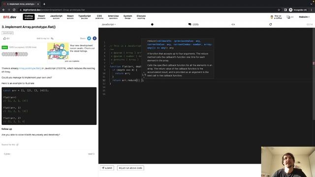 3. implement Array.prototype.flat() - bigfrontend - JavaScript смотреть онлайн