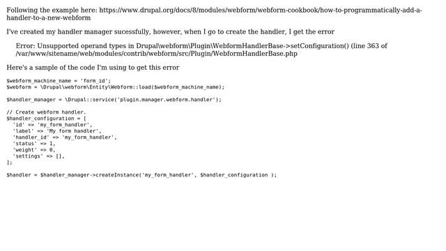 Drupal: Unsupported operand types error when creating new Webform handler смотреть онлайн