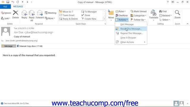 Outlook 2013 Tutorial Recalling Messages Microsoft Training Lesson 4.3 смотреть онлайн