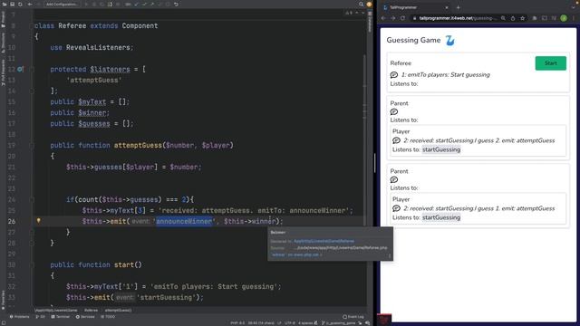 Livewire explained: Emitting events using emit, emitUp and emitTo (an event based Guessing game) смотреть онлайн