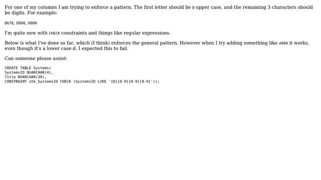 Databases: CHECK Constraint to enforce upper case letter and pattern match смотреть онлайн