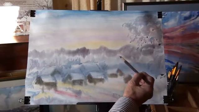 Рисуем зиму, иней. Акварельный пейзаж смотреть онлайн