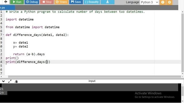 Write a Python program to calculate number of days between two datetimes. смотреть онлайн