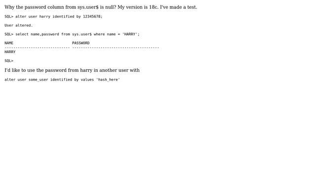 Password column from sys.user$ is null in 18c, why? смотреть онлайн