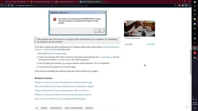 HOW TO FIX MISSING ERROR VCRUNTIME140.dll FOR VALORANT PATCH 1.07 - 2020 смотреть онлайн