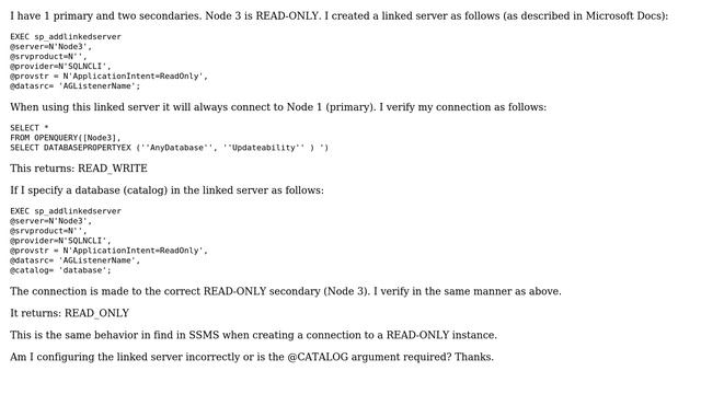 Is a @CATALOG argument required in linked server to connect to READ-ONLY secondary? смотреть онлайн