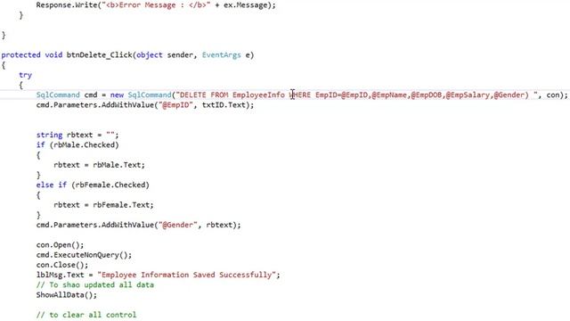 How to delete data into SQL Server in ADO.net using Connected class Part-06 смотреть онлайн