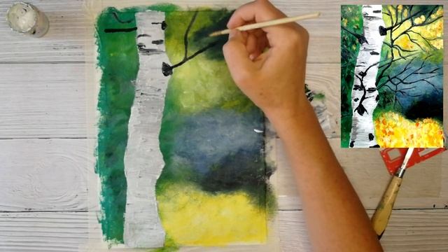 Как нарисовать СТВОЛ БЕРЕЗЫ. ОСЕННИЙ ПЕЙЗАЖ красками. Рисуем дерево береза осенью/ акрилом/ гуашью. смотреть онлайн
