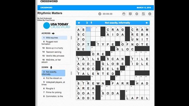 #075 USA Today Crossword "Rhythmic Matters" March 12, 2018 смотреть онлайн