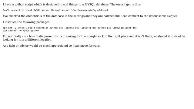 Python cant connect to local MySQL server through socket смотреть онлайн