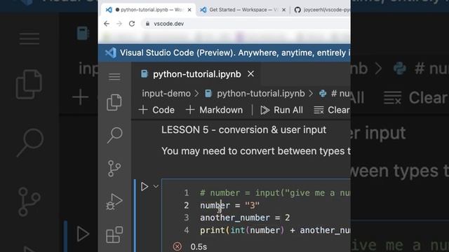 [5] Python tutorial with vscode.dev - Convert user input #string to #int in #python #beginners смотреть онлайн