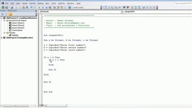 Advanced excel(vba) tutorial 9 : Conditional statements Example 2 : Largest of 3 numbers смотреть онлайн