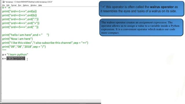 19 Basic Python Lecture 17 Escape Sequence Walrus Operator sep,end Python 3 8 new operator смотреть онлайн