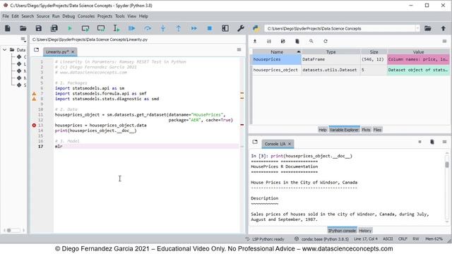 Linearity in Parameters. Ramsey RESET Test in Python (Spyder) смотреть онлайн