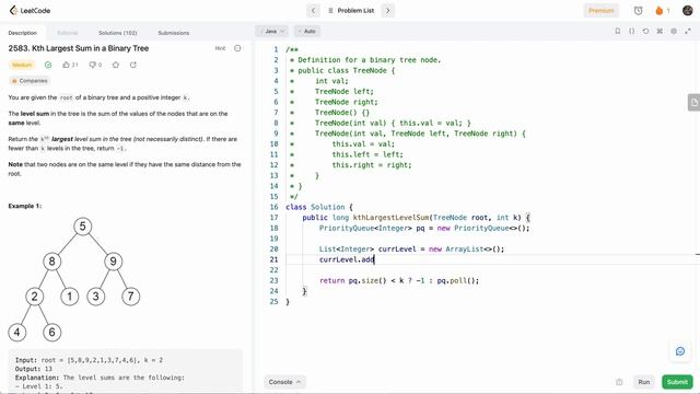 Leetcode 2583 Kth Largest Sum in a Binary Tree (Java) - Leetcode Weekly Contest 335 - Beats 100% смотреть онлайн
