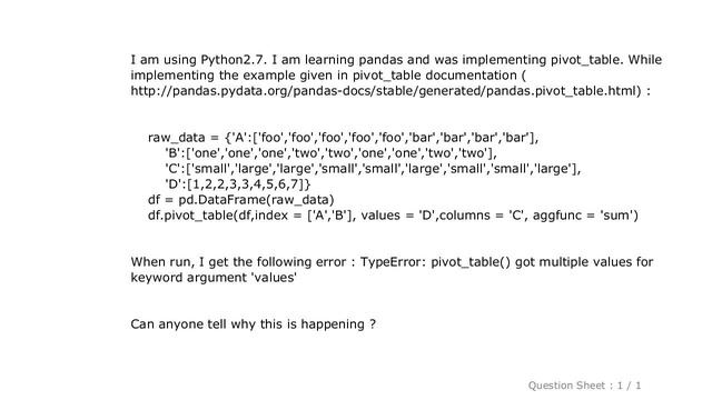 Pandas : TypeError: pivot_table() got multiple values for keyword argument 'values' смотреть онлайн