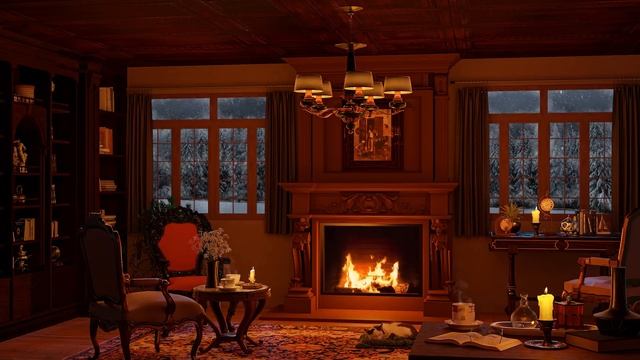 Cozy Winter Room - Relaxing Blizzard And Snowstorm Sounds W/ Fireplace For Sleep & Relaxation