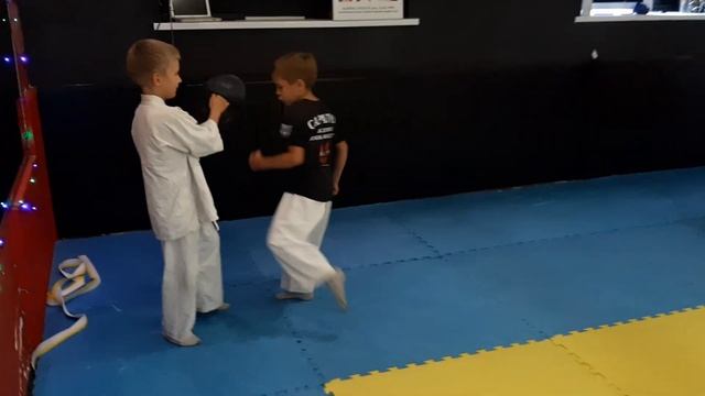 Юные спортсмены осваивают комбинацию с ударом ногой в падении смотреть онлайн