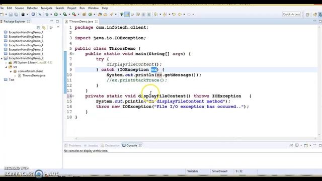 throws keyword in Java Exception Handling example смотреть онлайн