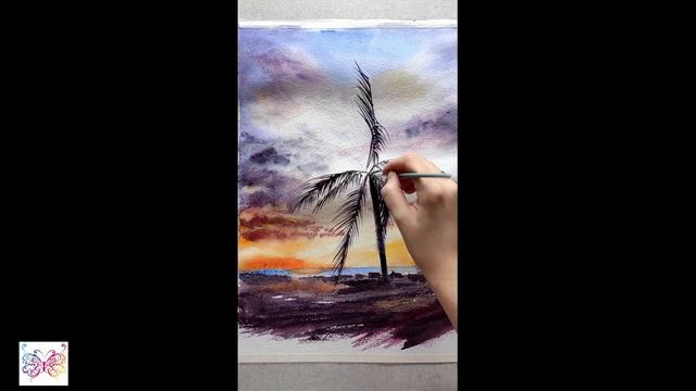 Watercolor painting. Palm tree, sunset. АКВАРЕЛЬ. Пальма, закат. смотреть онлайн