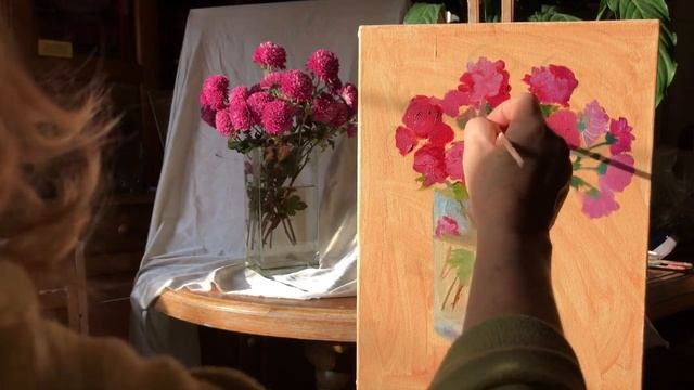 Живопись маслом. Натюрморт. Хризантемы в вазе