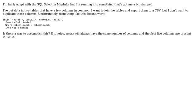 GIS: MapInfo SQL: Selecting all columns from one table, some cols from second table? смотреть онлайн