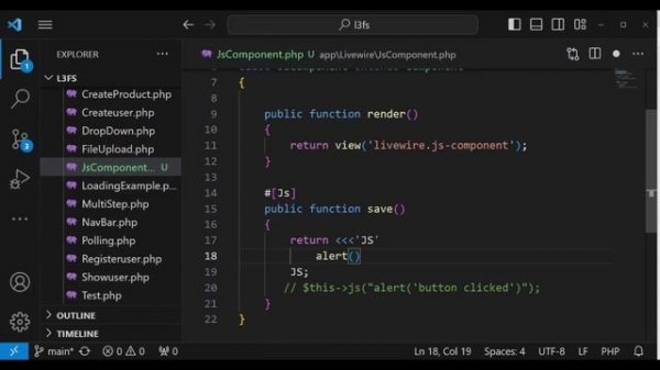 Writing JavaScript code inside a livewire class | Laravel Livewire 3 from Scratch