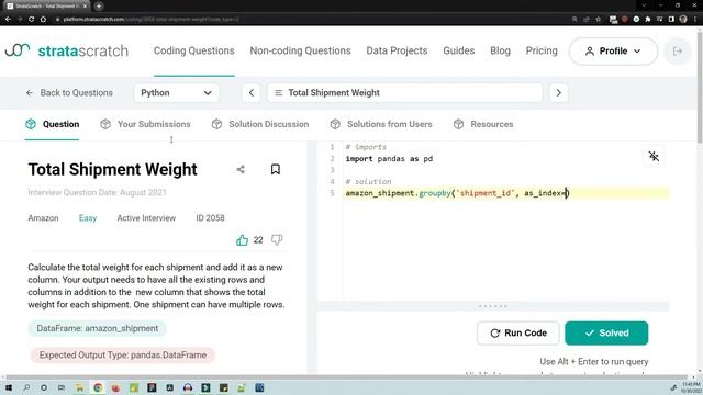 3. Total Shipment Weight | Amazon Python Interview Question Explanation | EASY смотреть онлайн