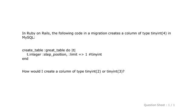 MySQL : How to create a column of type tinyint(2) or tinyint(3) in Ruby on Rails? смотреть онлайн