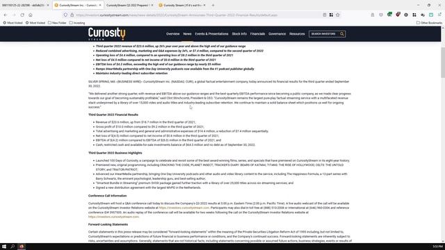 Curiosity Stream Q3 2022 Results