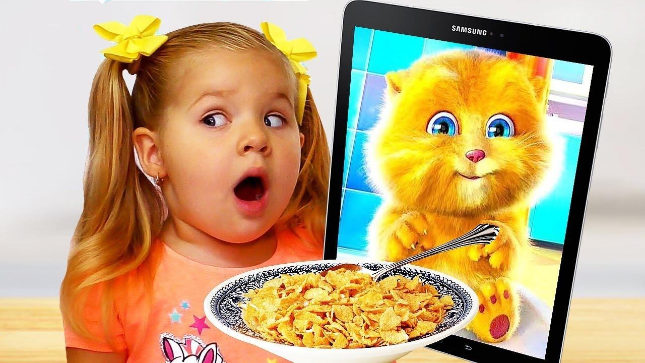 Diana and Funny Cat eats Breakfast and Plays смотреть онлайн
