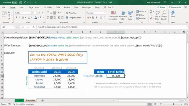 Excel Formulas And Functions Tutorial - VLOOKUP To Sum Multiple Columns