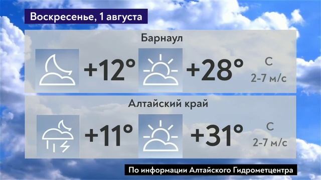 Погода на 31 июля - 2 августа в Барнауле и Алтайском крае смотреть онлайн