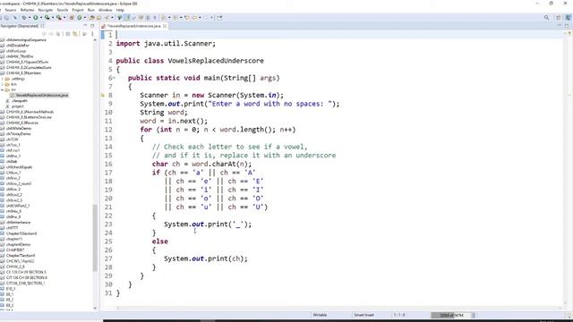 JAVA, CH6, while loop, read a word and print the string, all vowels replaced by an underscore. смотреть онлайн
