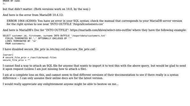 SQL query with "INTO OUTFILE" does not work on MariaDB 10.4 but does on 10.0 смотреть онлайн
