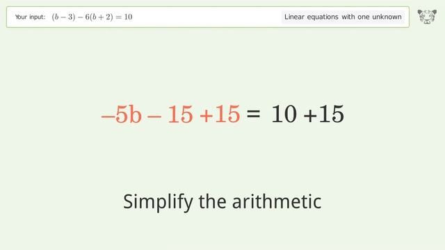 Linear equation with one unknown: Solve (b-3)-6(b+2)=10 step-by-step solution смотреть онлайн