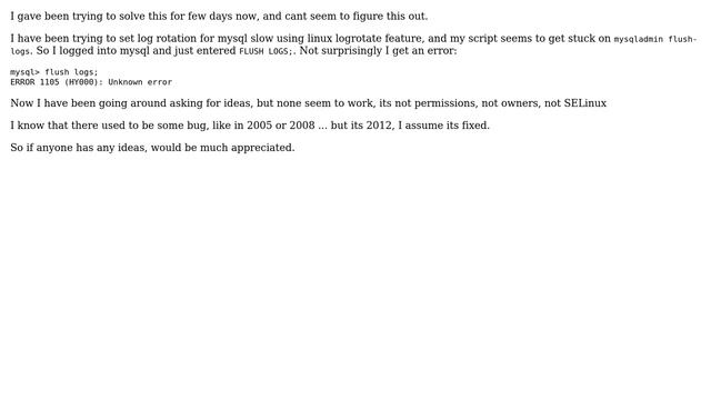 Databases: MySQL Flush Logs, Unknown Error (2 Solutions!!)