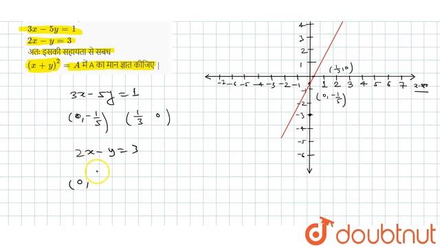 निम्नरेखिकसमीकरण युग्मको आलेखीयविधिद्वाराहलकीजिए | 3x - 5y = 1 2x - Y = 3अतःइसकीसहायतासे सबध (x ...