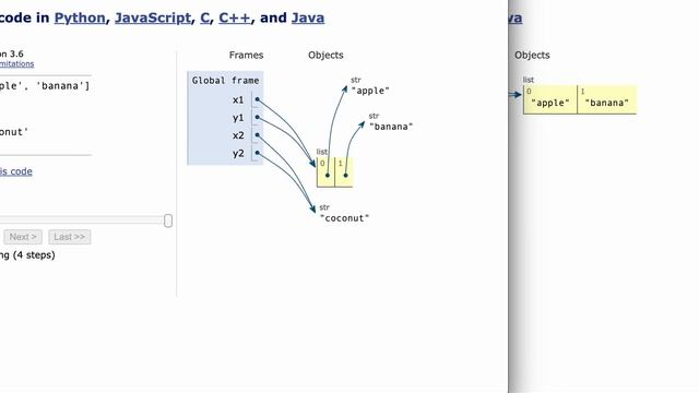 why does equals look different for lists and numbers? [pythontutor.com] смотреть онлайн