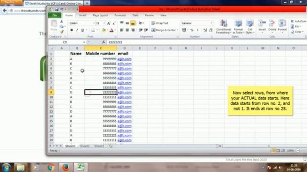 How to convert contacts in Excel xlsx,xls,csv to VCF vCard online at thewebvendor com