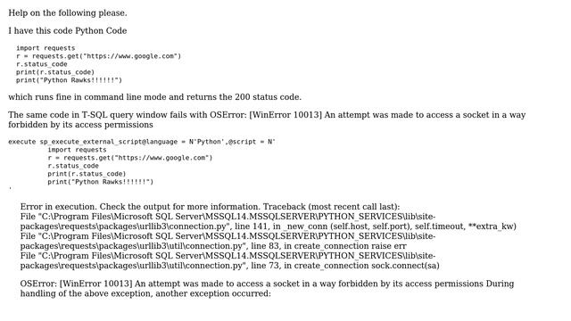 Python code in T-SQL environment gives "access a socket in a way forbidden by its access... смотреть онлайн