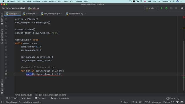 Solution to Step 5- Detect when the Turtle collides with a Car_squish | Complete Python Pro Bootcam смотреть онлайн