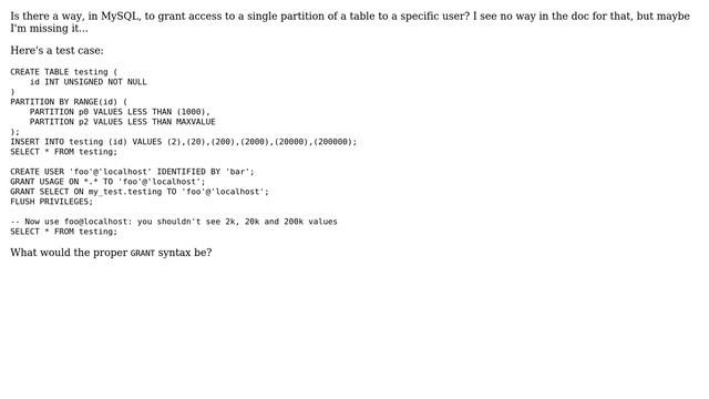 Databases: Can I grant access to a MySQL user for a single partition of a table? смотреть онлайн