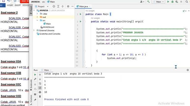 JAVA03A Cetak angka 1 s/d 10 dengan beda 3 vertikal смотреть онлайн