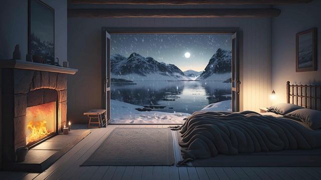 Испытайте зимний отдых уютная хижина с камином и видом на замерзшее озеро и заснеженные горы смотреть онлайн