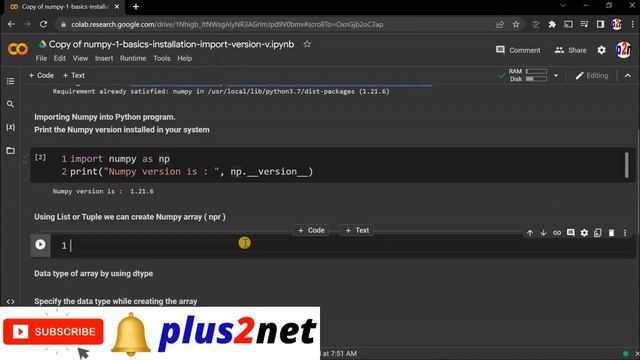 Numpy installation and creating array at Colab platform using List Tuple and checking the version смотреть онлайн