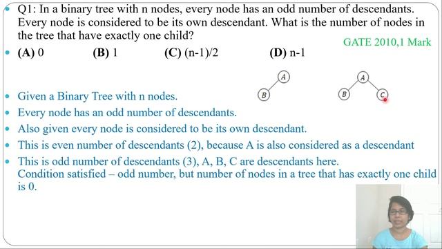 GATE CS 2010 ,Q10:In a binary tree with n nodes, every node has an odd number of descendants.Every смотреть онлайн