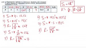 №1114. Перечертите таблицу и, используя формулу для площади S круга радиуса R, заполните пустые