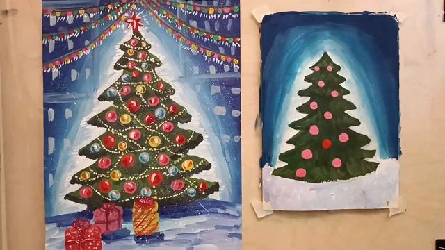 Рисуем гуашью нарядную, новогоднюю ёлочку (сложный вариант) смотреть онлайн
